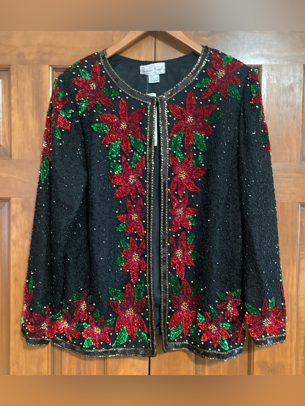 NWT Laurence Kazar Black Sequin Floral poinsettia Christmas Jacket women’s XL